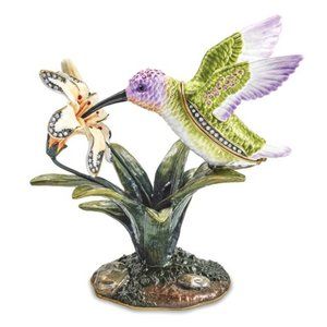 Jere Pewter Bejeweled Crystals & enameled Viola Hummingbird Daylily Trinket Box